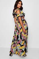 Thumbnail for your product : boohoo Rose Knot Front Double Split Palm Print Maxi Dress