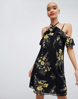 boohoo Strappy Cold Shoulder Mini Dress In Floral Print