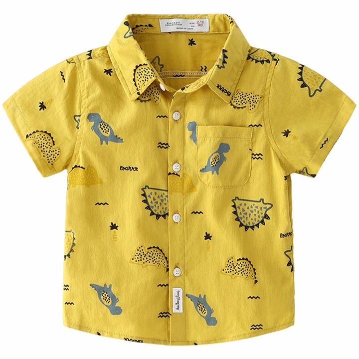 Surgoal Boys Shirt Cartoon Dinosaur Printing Short Sleeve Button Down Shirts Cotton Top Kids Summer Outfits 