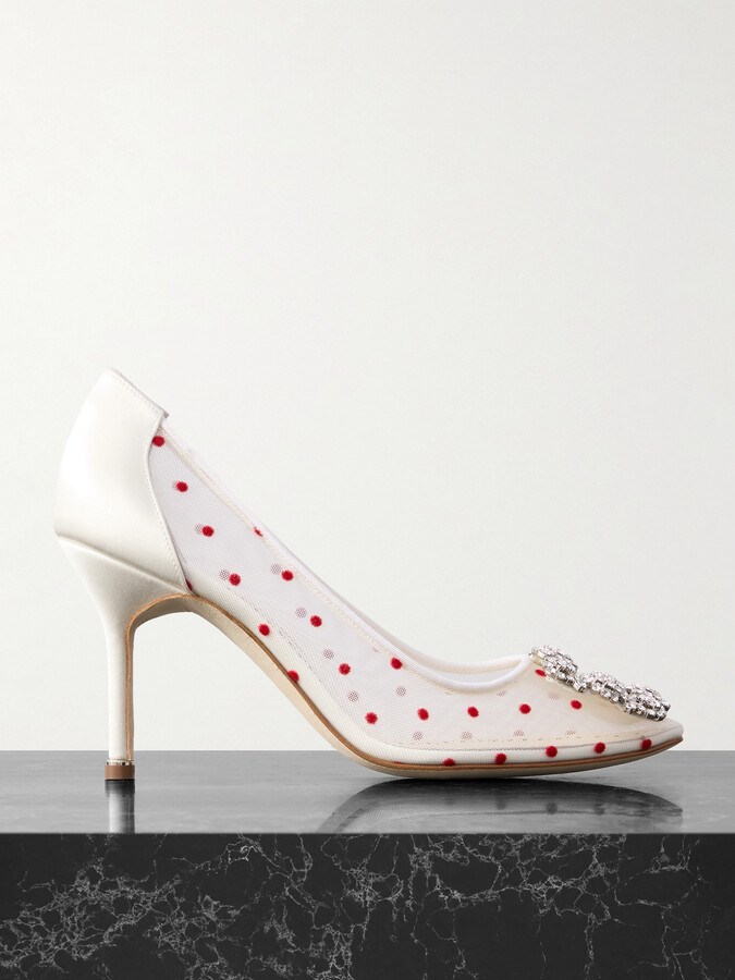 Manolo Blahnik Hangisi 90 Satin-trimmed Crystal-embellished Flocked Mesh Pumps - White