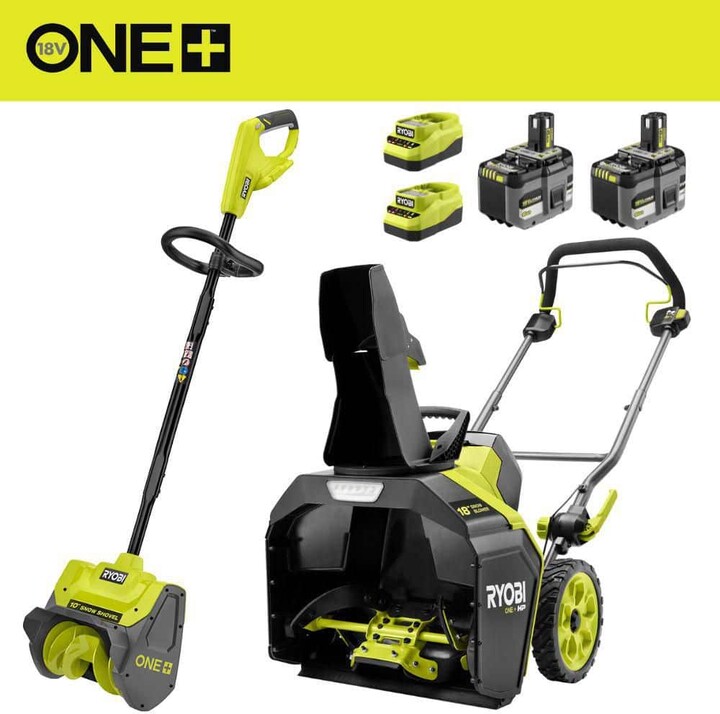 RYOBI 18V HP Brushless 18 in. Single-Stage Cordless Electric Snow Blower & 10" Snow Shovel w/ (2) 6.0 Ah Batteries, & Charger