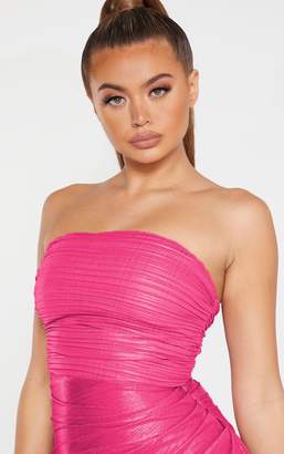 PrettyLittleThing Pink Metallic Bandeau Drape Bodycon Dress