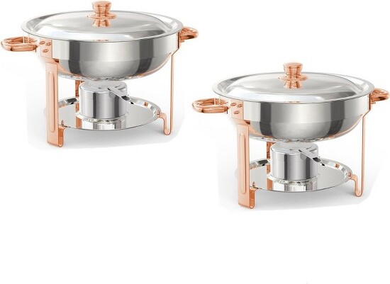 GustoWave2Pack5.3Qt.StainlessSteelRoundChafingDishBuffetSetwithFood&WaterPan&RoseGoldStand