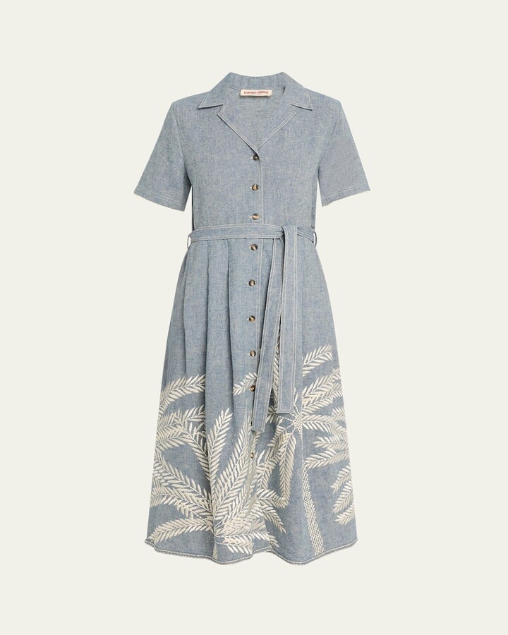 Claudia Palm-Embroidered Belted Midi Dress