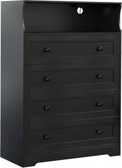 Ebern Designs 45.2 Inch Tall 4-Drawer Dresser with Charging Station Skinny Vertical Storage Chest with Open Shelf for Bedroom