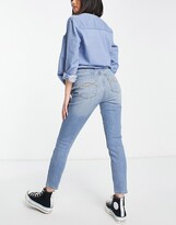 Thumbnail for your product : Abercrombie & Fitch Curve Love high rise distressed ankle grazer skinny jeans in mid wash blue