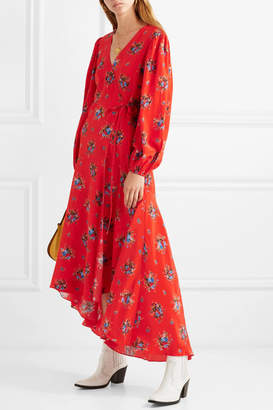 Ganni Floral-print Washed-silk Wrap Dress