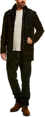 cole haan wool blend leather trim rib knit inset coat