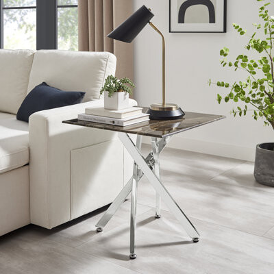 East Urban Home Atal Marble Effect Sofa Side Table - Glass Topped Metal Leg Small Table