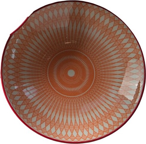 SlickblueCeramicPastaBowl,Large,GeometricPattern,RibbedUnderside,BrightColoredTrim,Brown
