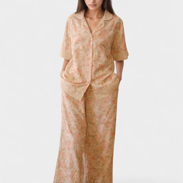 Anna-Kaci Lounge Anna-KaciLoungeWomen'sFloralLaceTrimPajamaSetShortSleeveButtonTopwithMatchingWideLegLoungePants-MediumPink