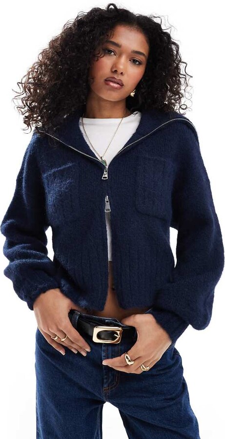 ASOS DESIGN zip through cardigan with pocket and collar detail in
