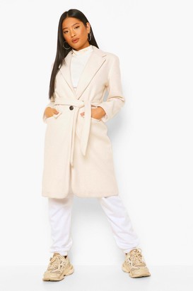 boohoo Petite Belted Button Up Wool Look Coat