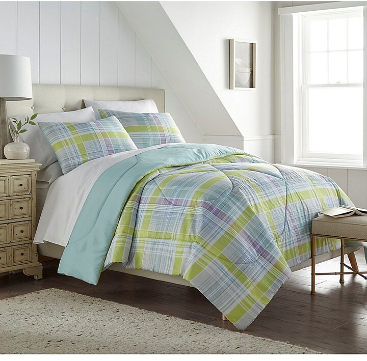 HollyHOME Bed in a Bag Comforter Set Full Queen Size 3 Pcs Green Checkered Plaid Pattern Printed All Season Comforter 