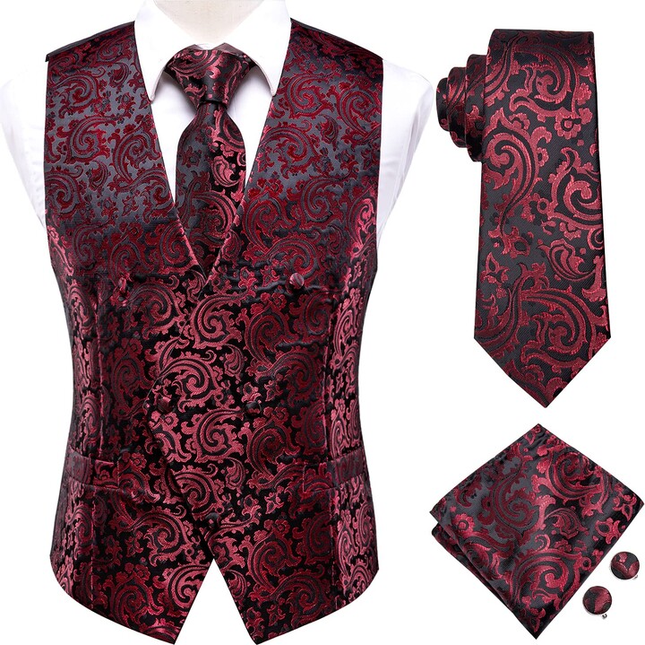 Dubulle Black and Red Paisley Vest Ties Set for Men Silk Mens Red ...