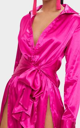 PrettyLittleThing Pink Satin Extreme Split Waist Tie Shirt Maxi Dress