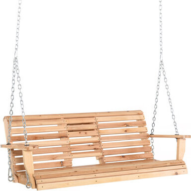 3-Seater Wooden Porch Swing, Patio Swing Bench With Folding Coffee Table, Cup Holders And Chains Included, 440Lbs Weight Capacity, Natural