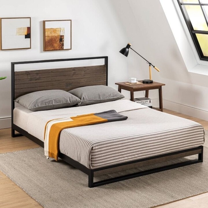 Modern Metal Wood Platform Bed Frame, King Size Metal Platform Bed