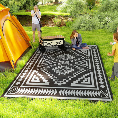 Outsunny Reversible Outdoor Rug 9' x 18' Waterproof Plastic Straw Floor Mat Portable RV Camping Carpet Large Floor Mat for Backyard Deck Picnic Beach Bl