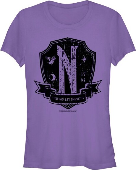 Wednesday Series JuniorsWomensWednesdayNevermoreAcademyDistressedEmblemT-Shirt-Purple-2XLarge