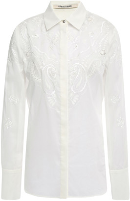 Roberto Cavalli Lattice-trimmed Embroidered Woven Cotton Shirt