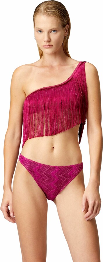 Missoni One-shoulder Zigzag Lamé Viscose Bikini With Fringes