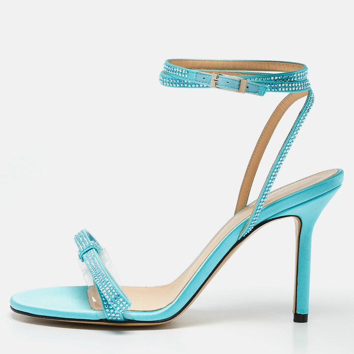 MACH & MACH French Bow Size 37.5 Blue PVC and Satin Ankle Strap Sandals