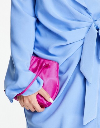 ASOS DESIGN ruched satin clutch bag with detachable crossbody strap in bright pink