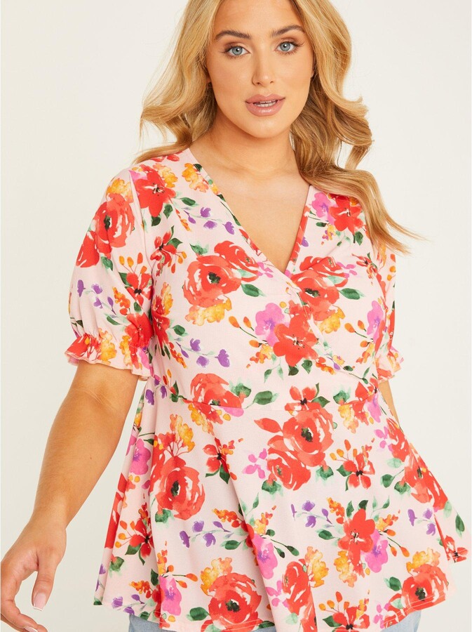 Quiz Curve Pale Pink Floral Wrap Top ShopStyle