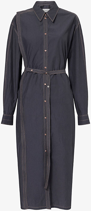 Lemaire Womens Charcoal Asymmetrical Belted Cotton-Poplin Midi Dress 8
