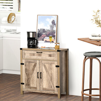 Oak Industrial Style Kitchen Cabinet, Accent Buffet With Drawer And Adjustable Shelf Wooden Cabinet Barn Door Countertop, Storage For Wines Kitchenwar
