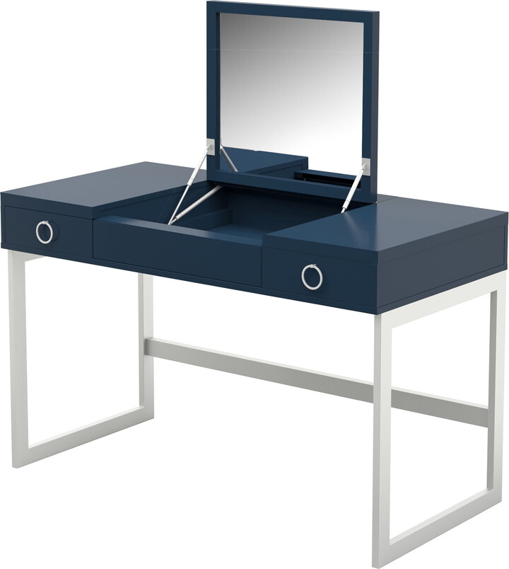 Twin Star Home Makeup Vanity with Hideaway Mirror and Drawers in Fontana Blue
