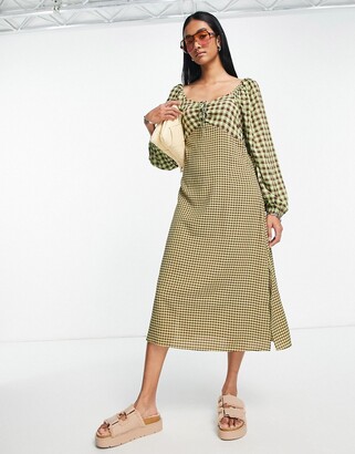 Y.A.S sweetheart neck midi dress in brown & yellow check