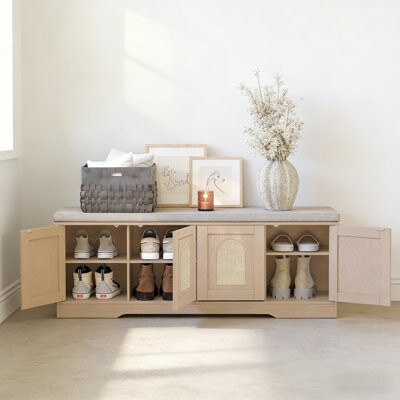 Entryway Shoe Bench With Doors, Back Cushion, And 8 Storage Compartments