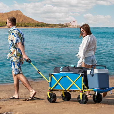 PET SUPPLY PLUS INC Beach Wagon With Big Wheels For Sand, Heavy Duty 330 LBS Collapsible Beach Cart With Tailgate, Foldable Utility Wagon With Cup Holders & Side Pockets