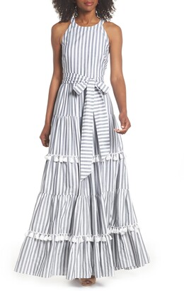 Eliza J Tiered Tassel Fringe Cotton Maxi Dress