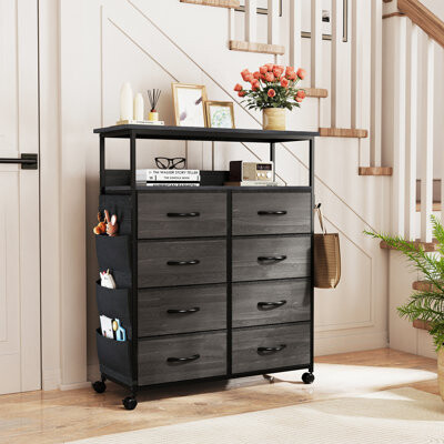 Modern 8-Drawer Rolling Dresser With Fabric Drawers And Side Pocket, Vertical Storage Chest For Bedroom, 40.8'' H X 31.5'' W X 11.8'' D