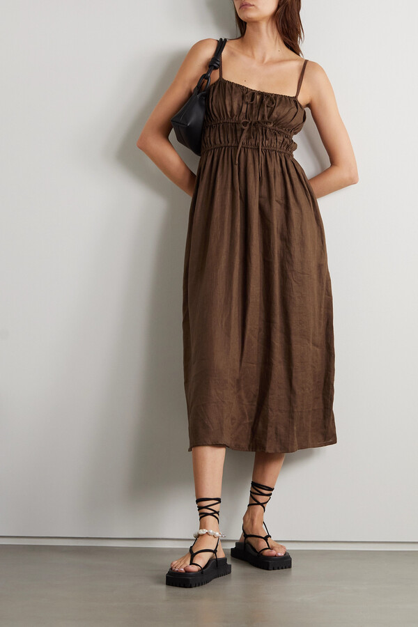 Faithfull The Brand Francesca Shirred Linen Midi Dress - Brown - ShopStyle