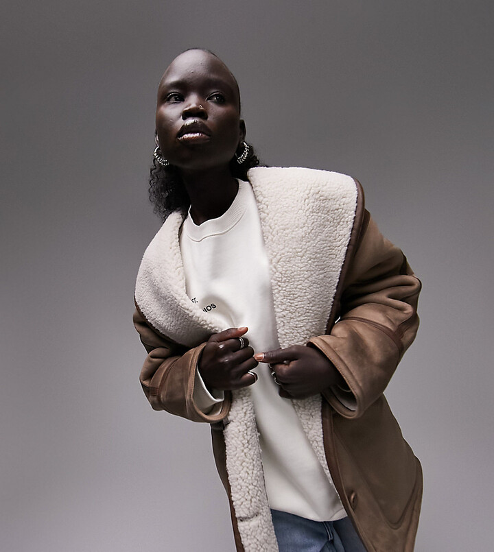 Petite faux shearling oversized aviator jacket in brown ShopStyle