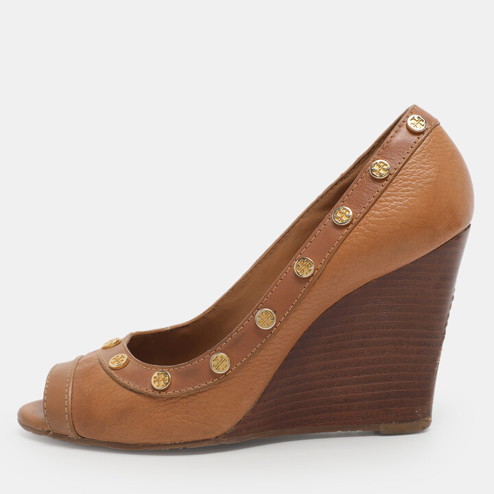 Tory Burch Size 37 Brown Leather Peep Toe Wedge Pumps