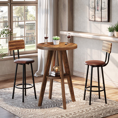 TribeSigns Industrial Brown 2-Tier High Vintage Round 38.19-Inch Patio Dining Breakroom Bar Table, Wooden Frame, Coffee Cocktail Bistro Table