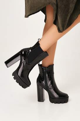 I SAW IT FIRST Black Chunky Heeled Patent Chelsea Ankle Boots