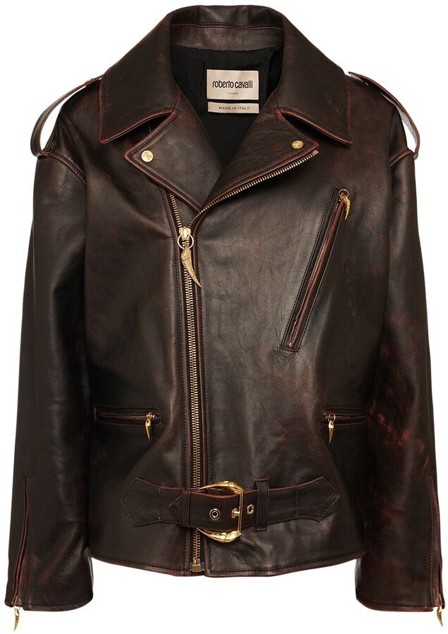 Roberto Cavalli Oversize brushed leather biker jacket - ShopStyle