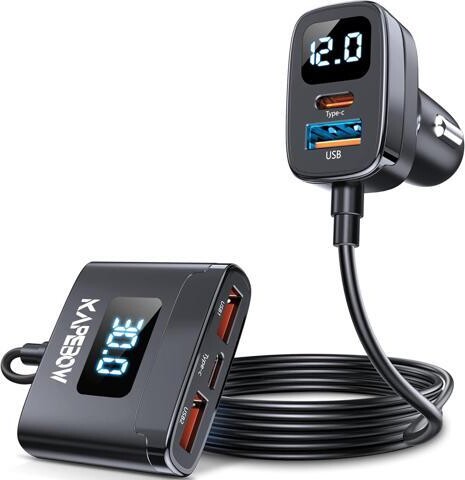 Heightele kapebow 78W Fast Charging USB C Car Charger, 5 Port Car Phone Charger with Voltage Display, 5FT Extention PD & QC 3.0 Type C Car Charger for Back...