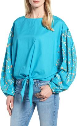 Kas Coline Front Tie Embroidered Sleeve Blouse