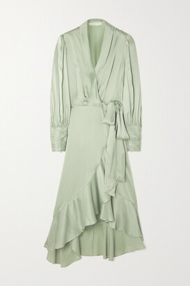 【ZIMMERMANN】asymmetric ruffled silk-satin wrap ドレス Zimmermann Asymmetric Ruffled Silk-satin Wrap Dress - Green