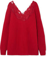 Balenciaga - Lingerie Lace-trimmed Ribbed Wool Sweater - Red