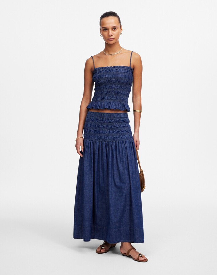 Smocked-Waist Denim Midi Skirt in Rinse Wash