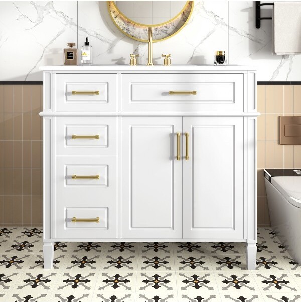 ModernLuxe BathroomVanityCabinetwithCeramicSink,FreestandingBathroomCabinetwithSoft-closingDoor,AdjustableShelf&4Drawers,White