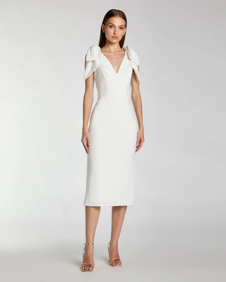 - White Sleeveless Crepe Midi Dress with Bow Straps - Ivory / US 0